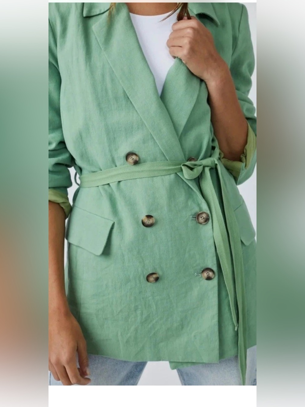Free People Olivia Belted Blazer Jacket Linen Blend Siz XS Green